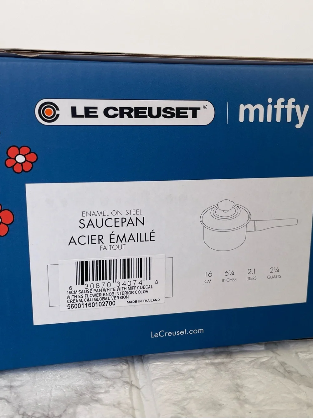 New Le Creuset White Enamel Miffy Saucepan with Orange Accents with original box